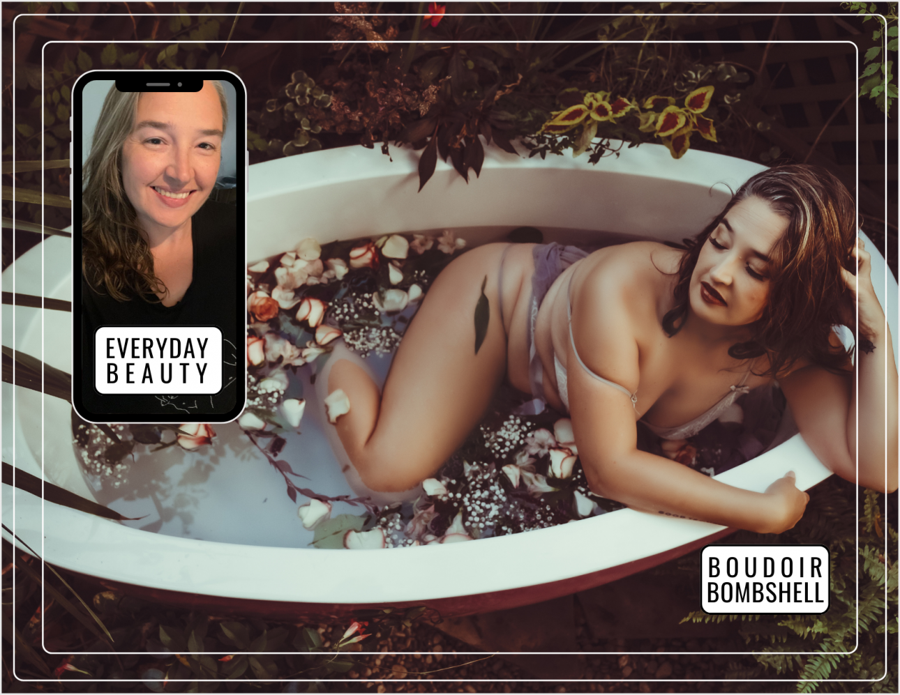 Photo of Miss K in her daily life paired with a photo of Miss K in light purple lingerie in an outdoor bathtub filled with flowers during her boudoir photo session.